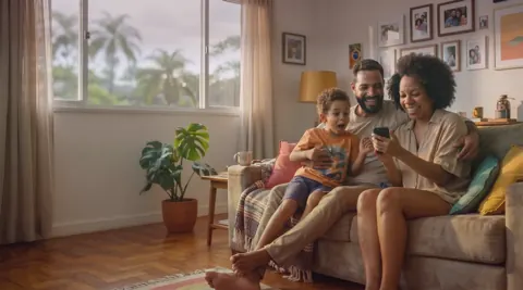 Família sorrindo no sofá enquanto usa o celular